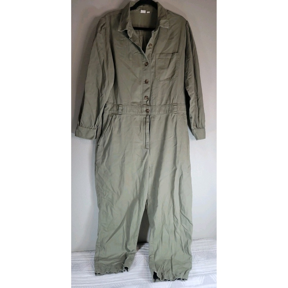 GAP Utility Jumpsuit Women's 18P Olive Green Button Front Side Zip One Piece...